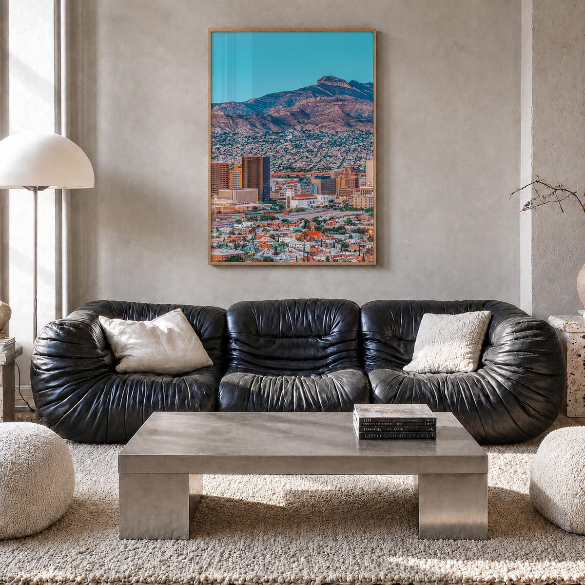 El Paso colorful photo poster of Texas, USA – vertical wall art in natural wood frame, hanging on wall