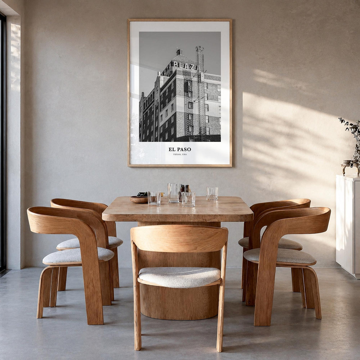El Paso no. 1 black & white classic poster of Texas, USA – vertical wall art in natural wood frame, hanging on wall