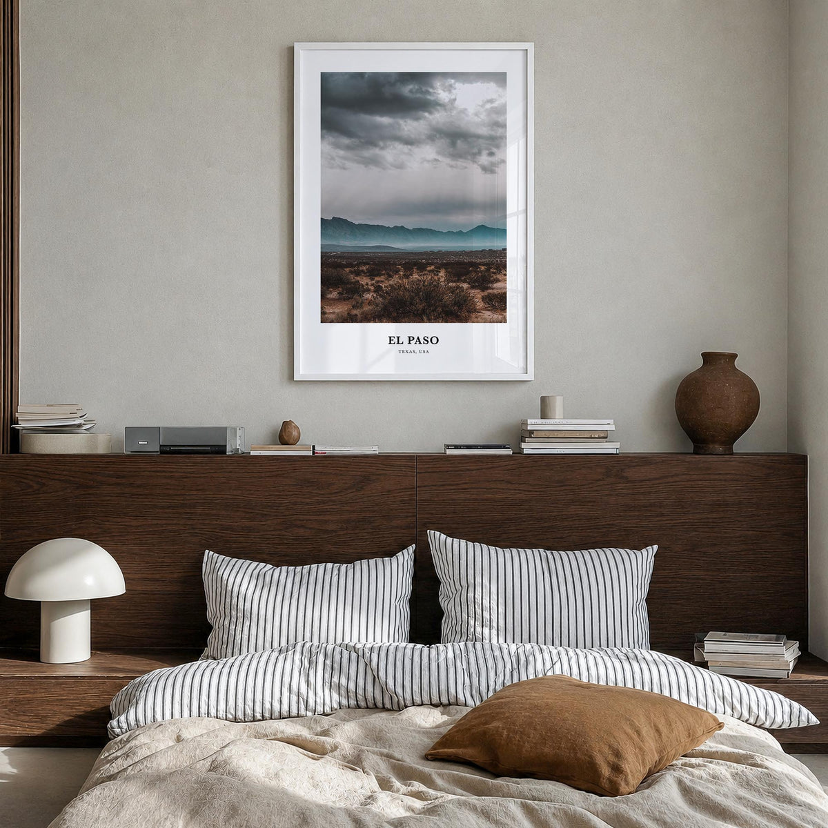 El Paso no. 2 colorful classic poster of Texas, USA – vertical wall art in white wood frame, hanging on wall