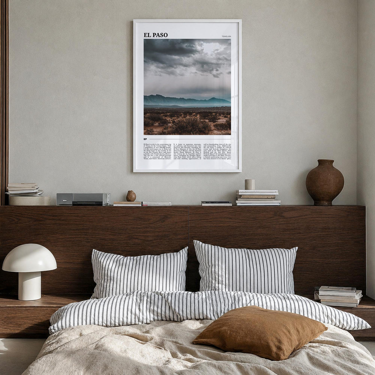 El Paso no. 2 colorful travel poster of Texas, USA – vertical wall art in white wood frame, hanging on wall