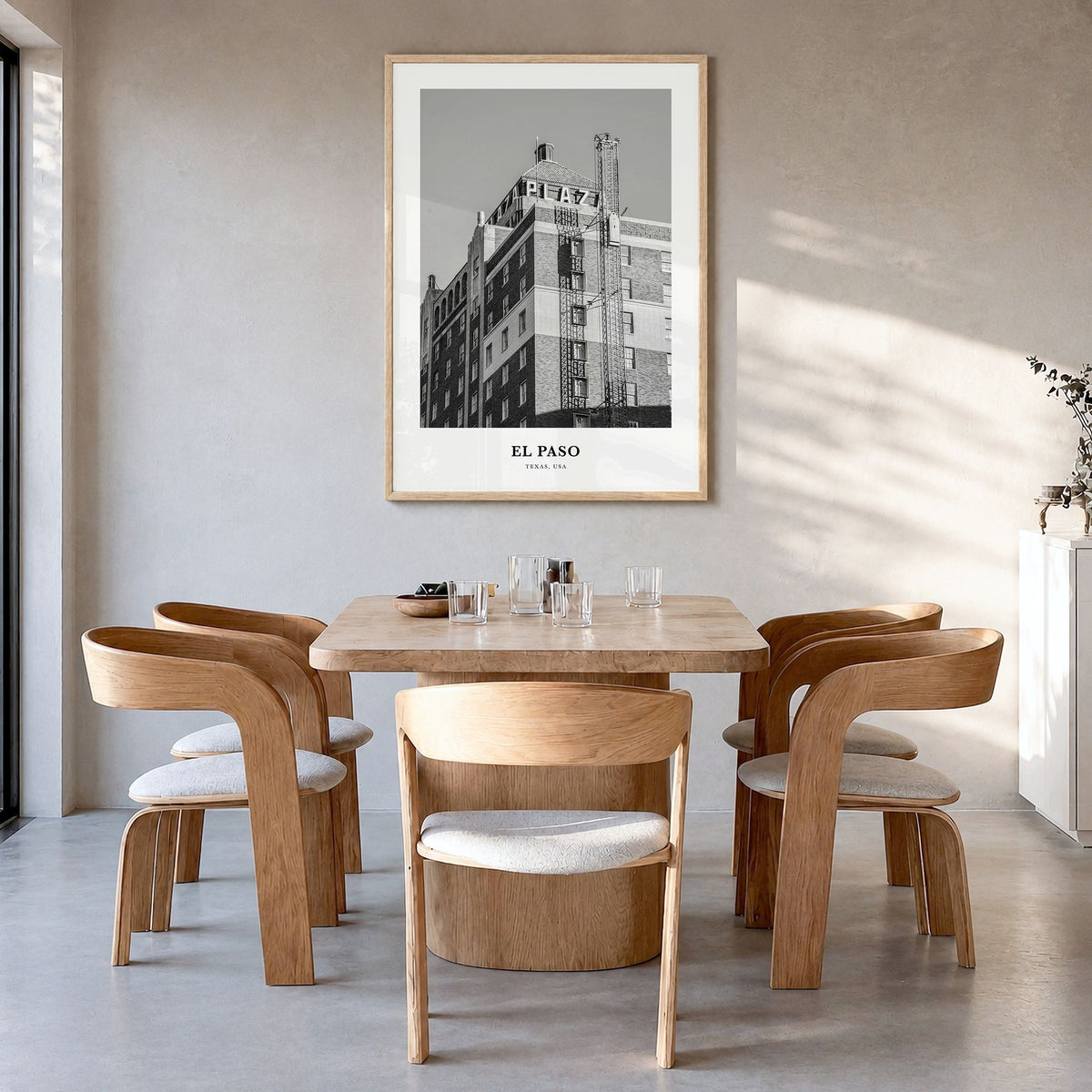 El Paso Classic No 1 Poster in a natural wood frame, hanging in a dining room