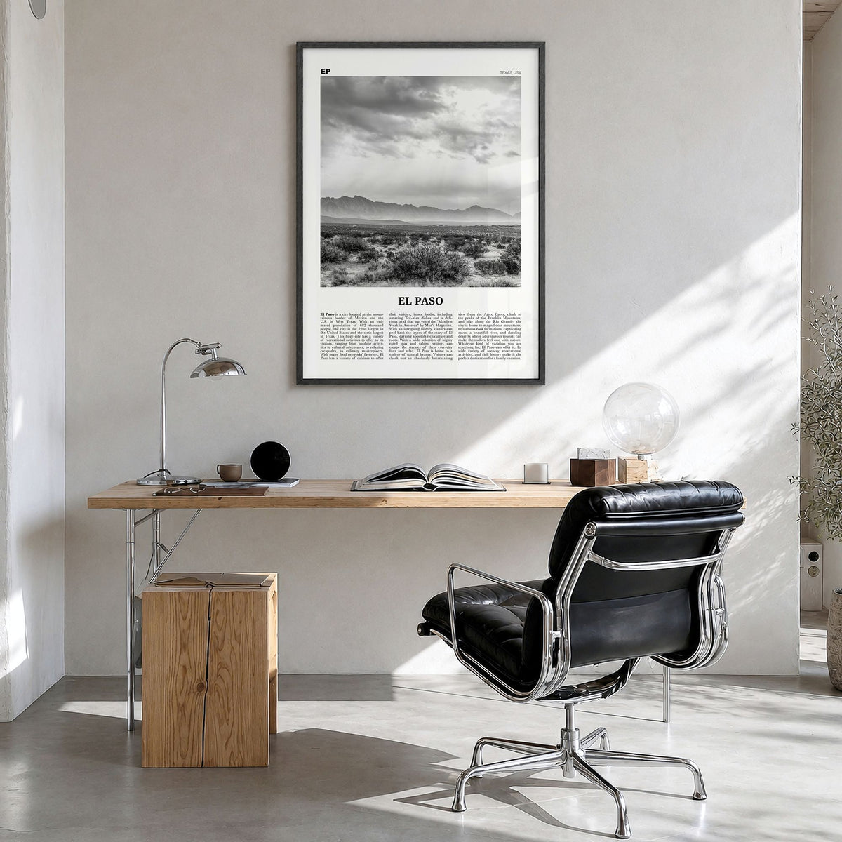 El Paso Newspaper No 2 Poster in a black wood frame, hanging in a bright home office