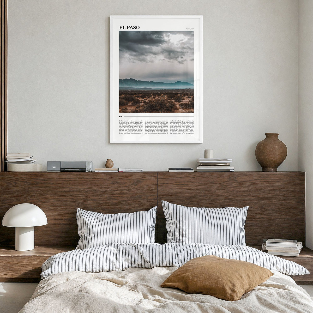 El Paso Travel No 2 Poster in a white wood frame, hanging in a bedroom