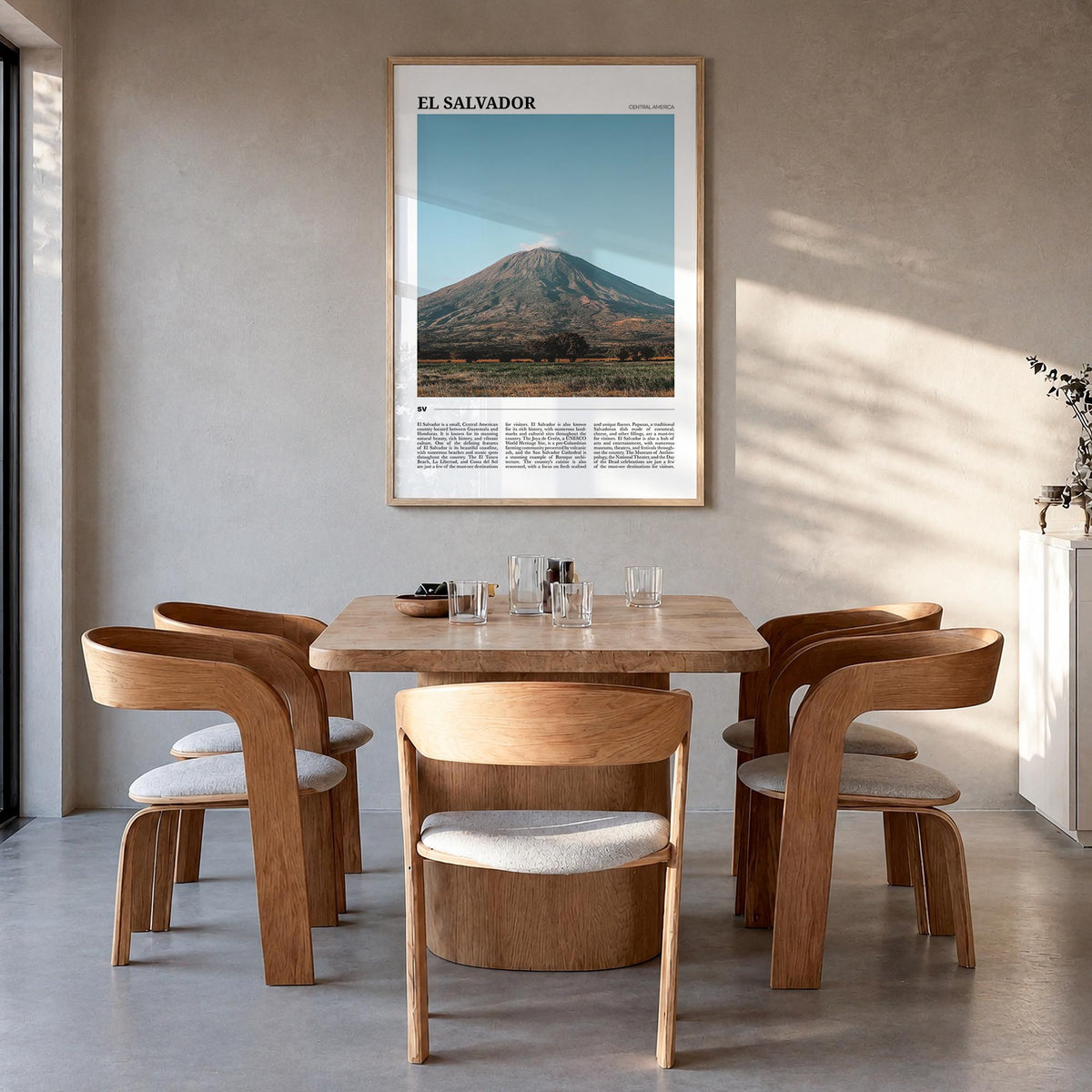 El Salvador colorful travel poster of Central America – vertical wall art in natural wood frame, hanging on wall