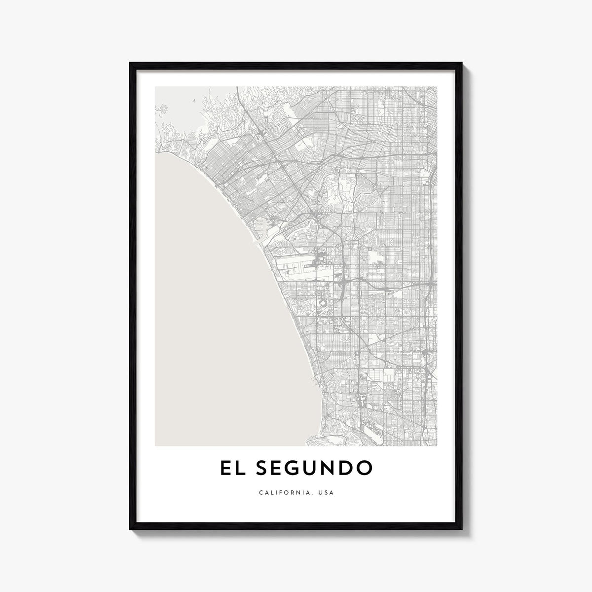El Segundo black & white map poster of California, USA – vertical wall art, unframed print shown in interior mockup