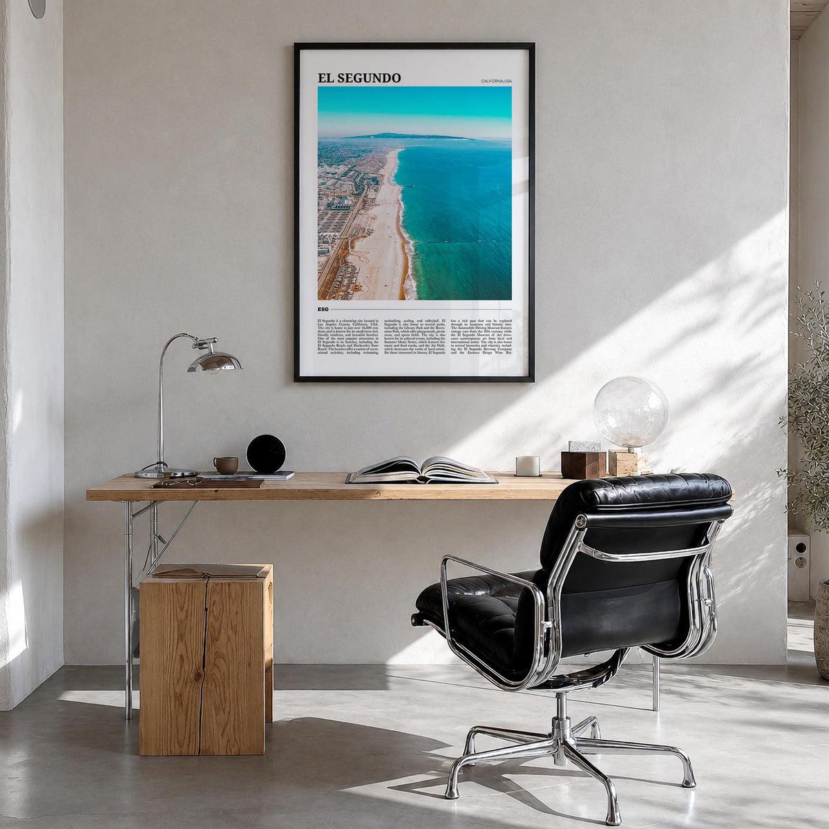 El Segundo colorful travel poster of California, USA – vertical wall art in black wood frame, hanging on wall