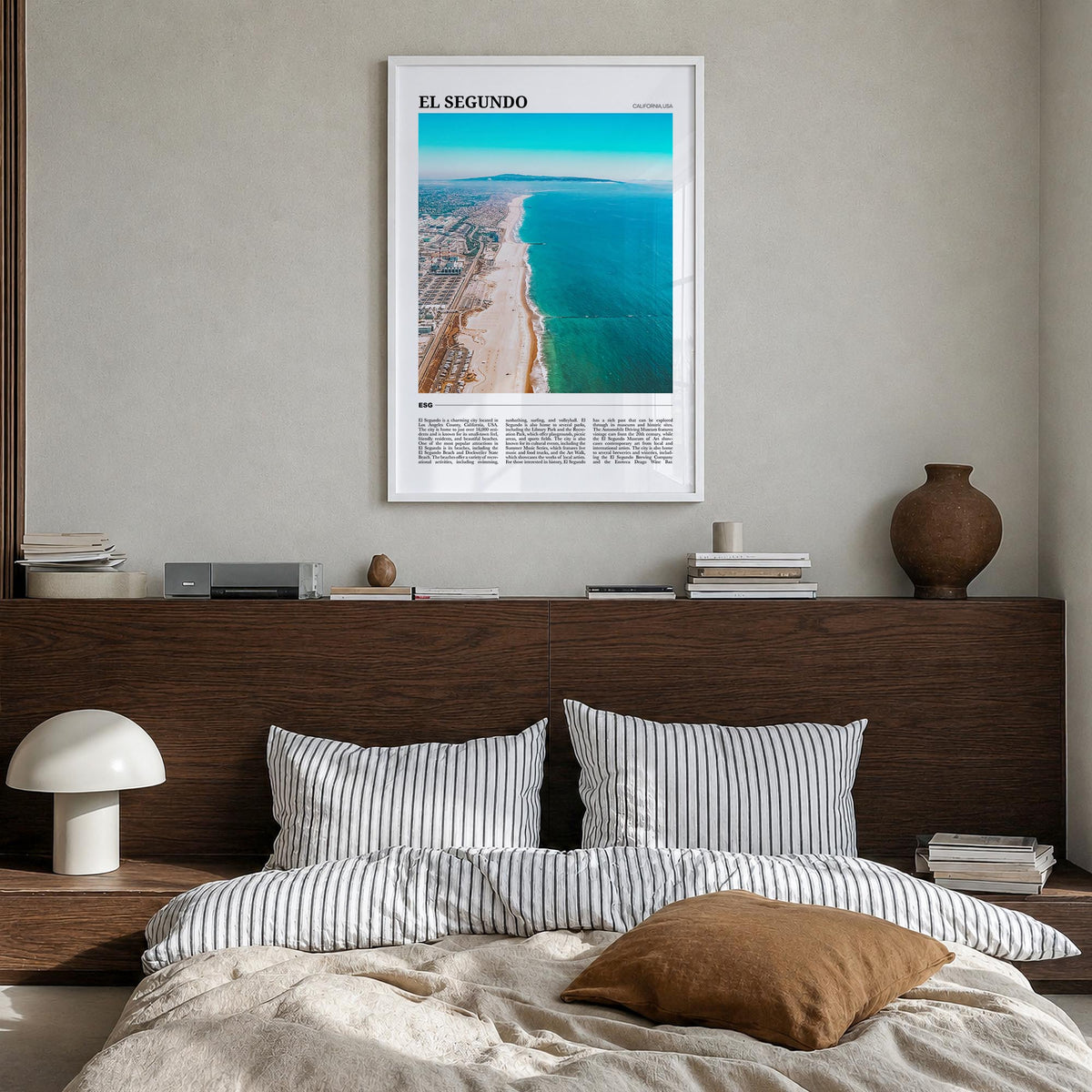 El Segundo colorful travel poster of California, USA – vertical wall art in white wood frame, hanging on wall