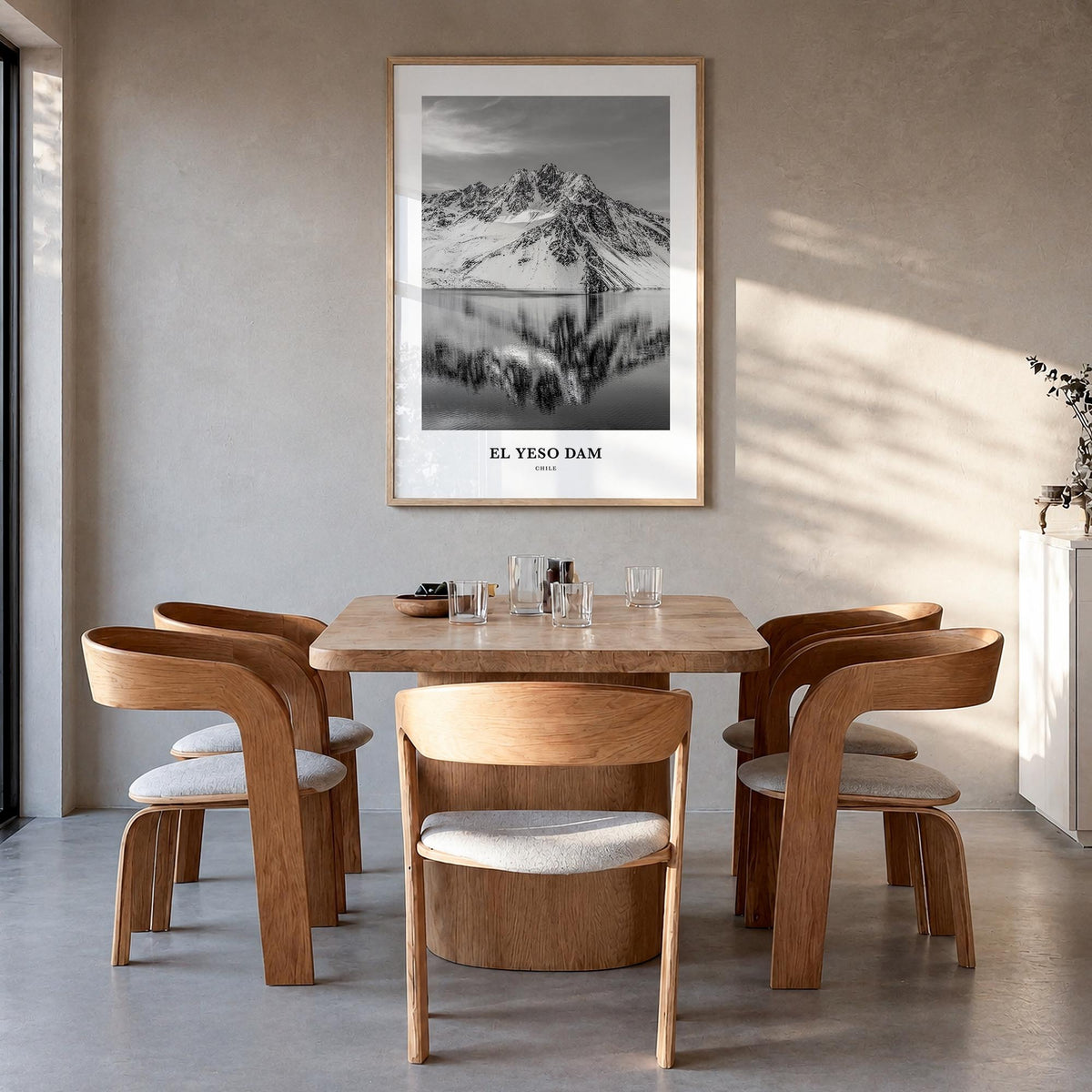 El Yeso Dam black & white classic poster of Chile – vertical wall art in natural wood frame, hanging on wall