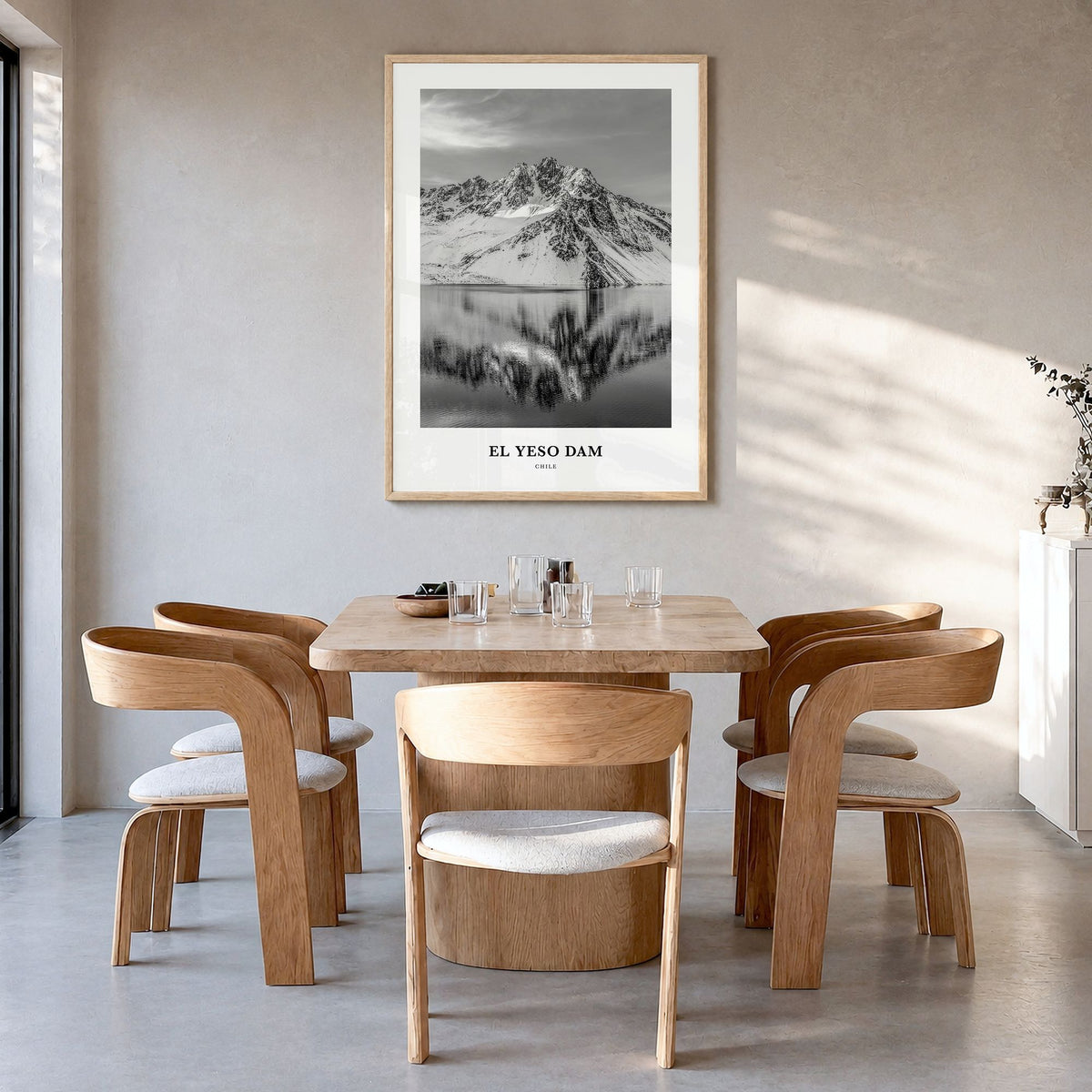 El Yeso Dam Classic Poster in a natural wood frame, hanging in a dining room