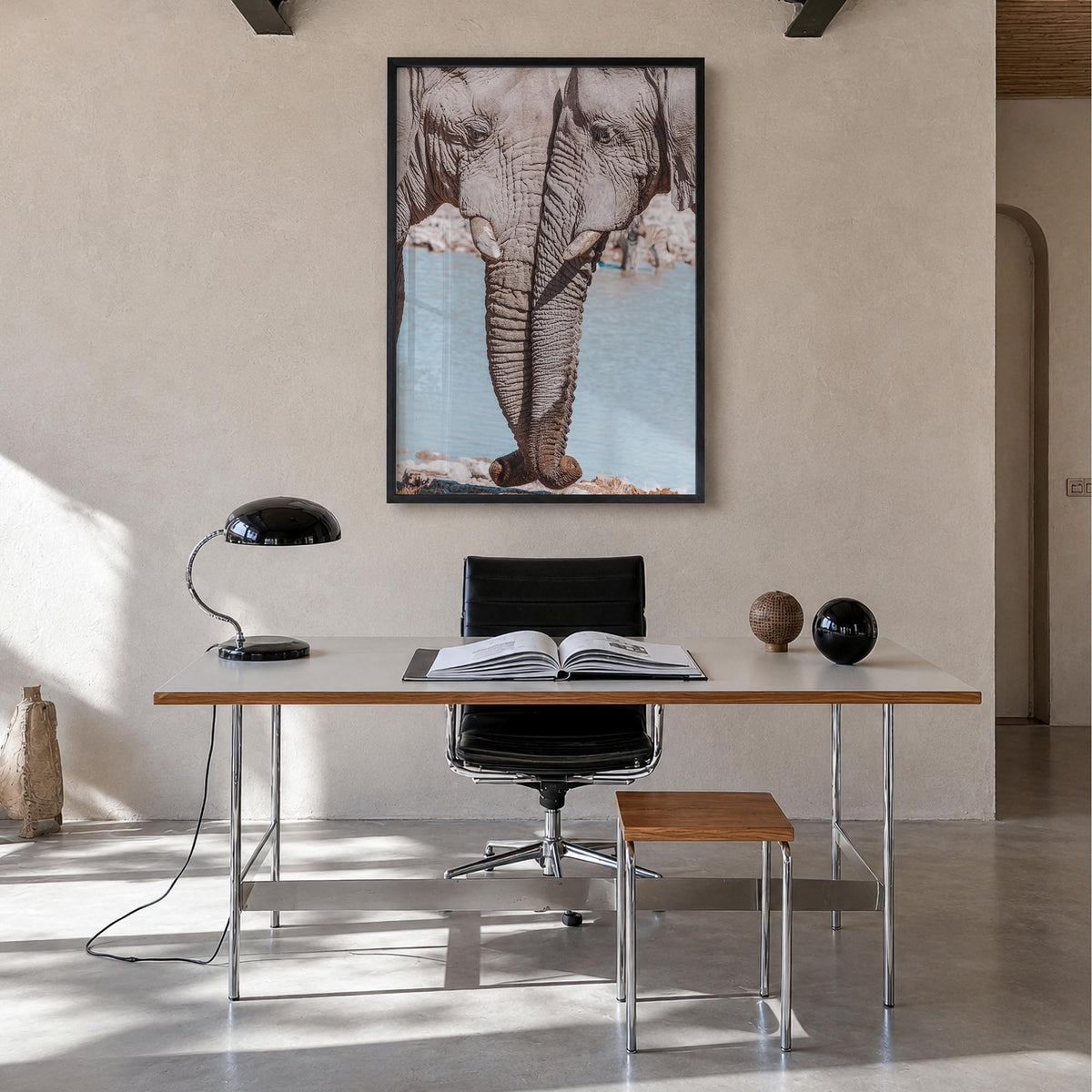 Elephant Couple colorful photo poster – vertical wall art in black wood frame, hanging on wall