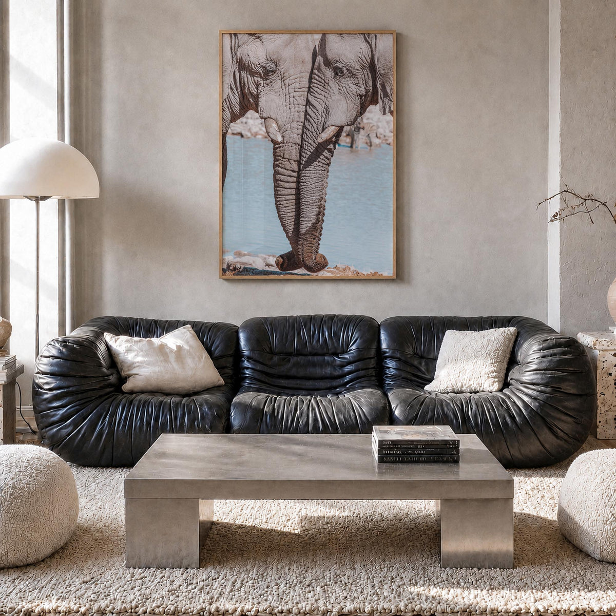 Elephant Couple colorful photo poster – vertical wall art in natural wood frame, hanging on wall