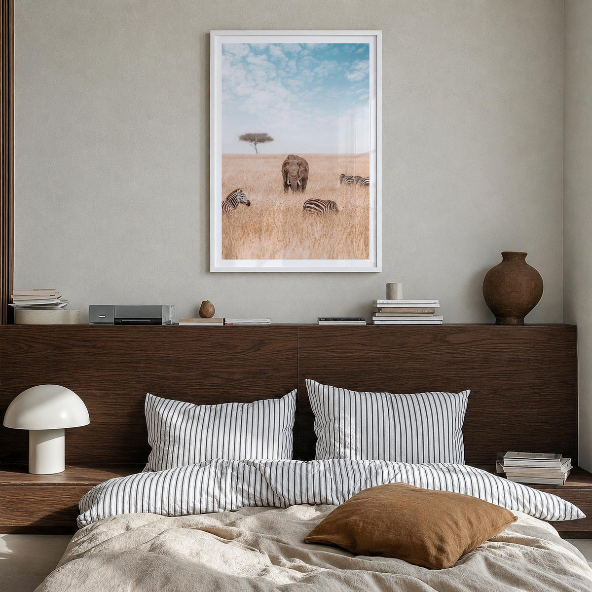 Elephant no. 1 colorful photo poster – vertical wall art in white wood frame with white border, hanging on wall