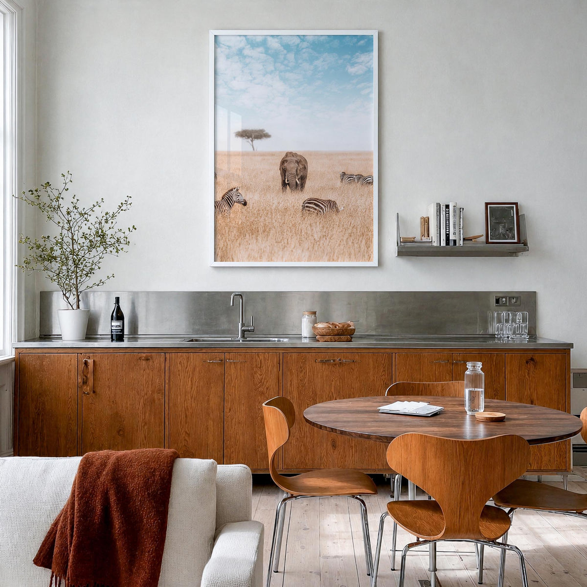 Elephant no. 1 colorful photo poster – vertical wall art in white wood frame, hanging on wall