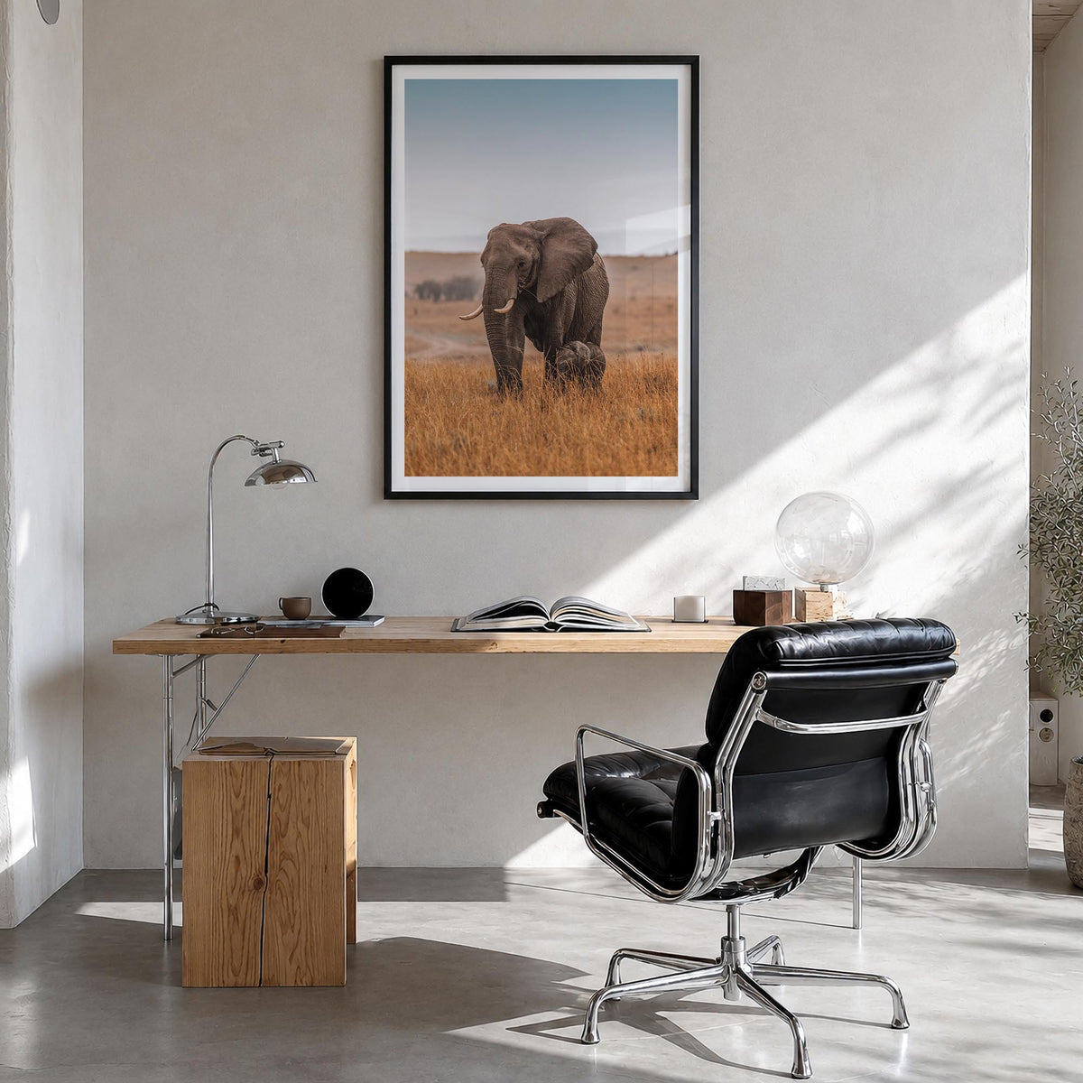 Elephant no. 2 colorful photo poster – vertical wall art in black wood frame with white border, hanging on wall