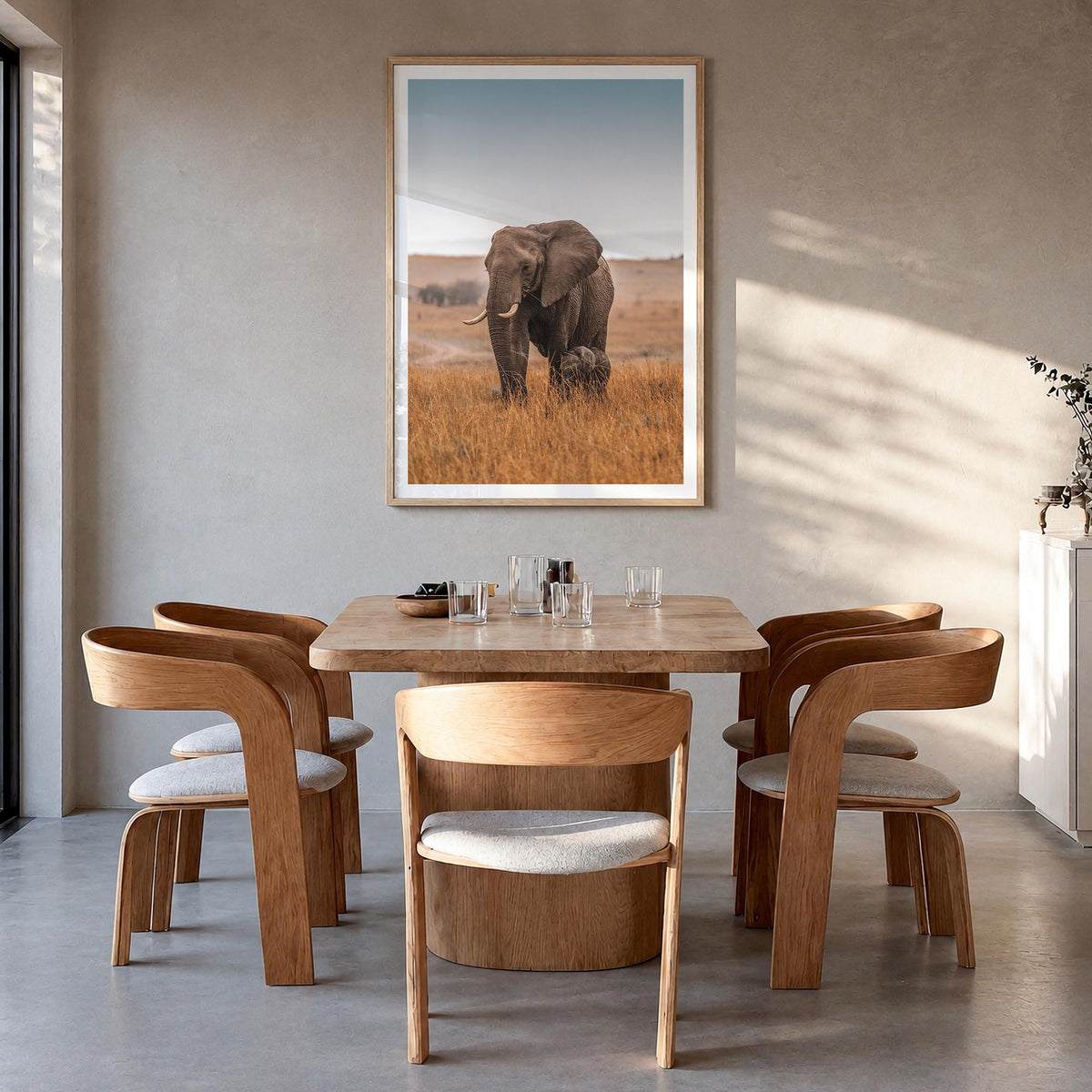 Elephant no. 2 colorful photo poster – vertical wall art in natural wood frame with white border, hanging on wall