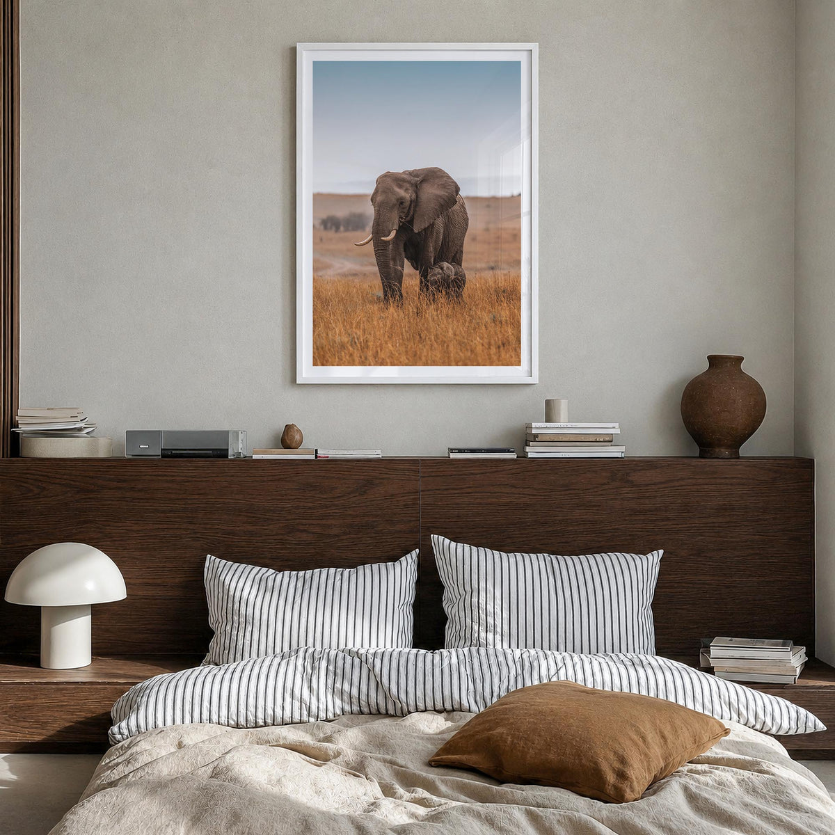 Elephant no. 2 colorful photo poster – vertical wall art in white wood frame with white border, hanging on wall