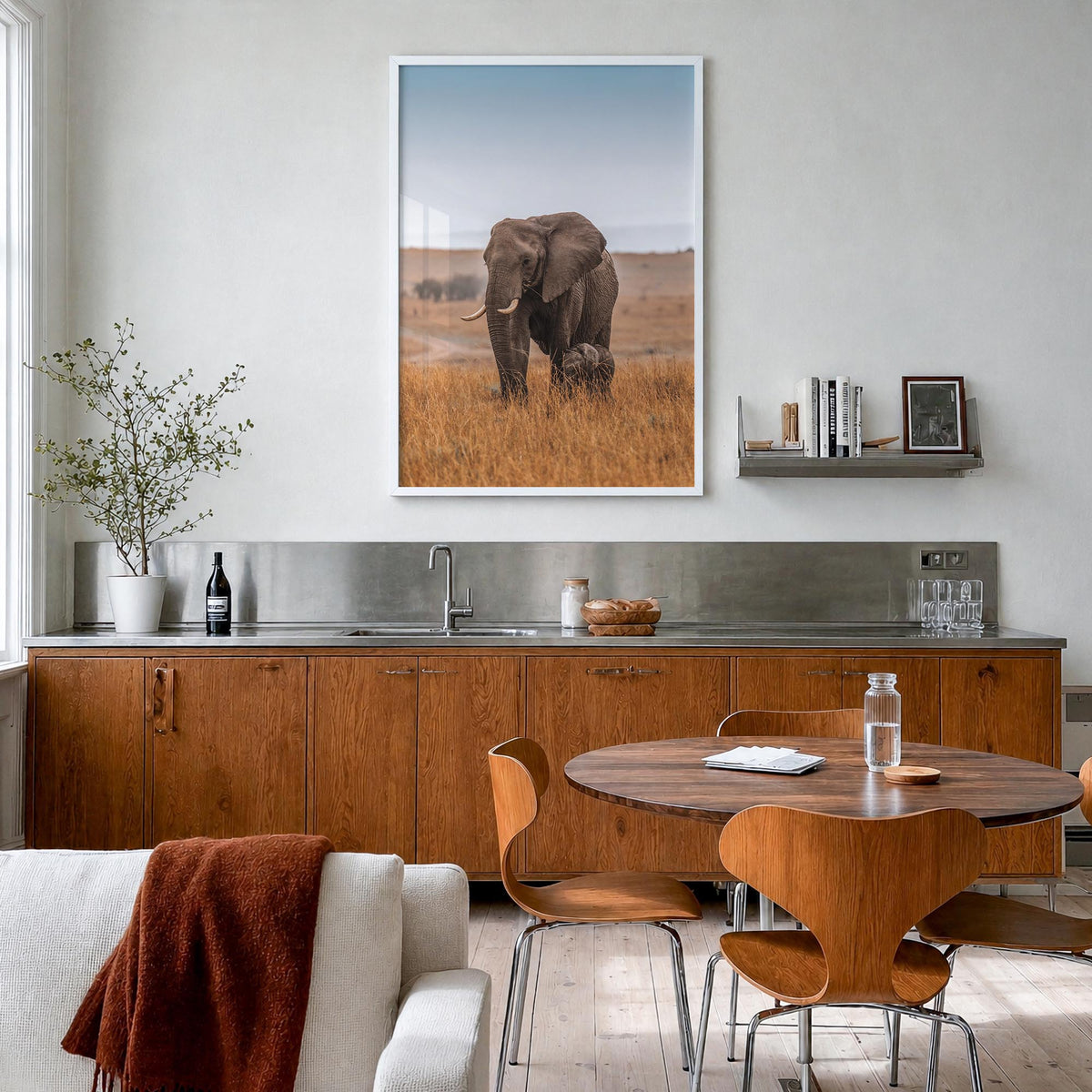 Elephant no. 2 colorful photo poster – vertical wall art in white wood frame, hanging on wall