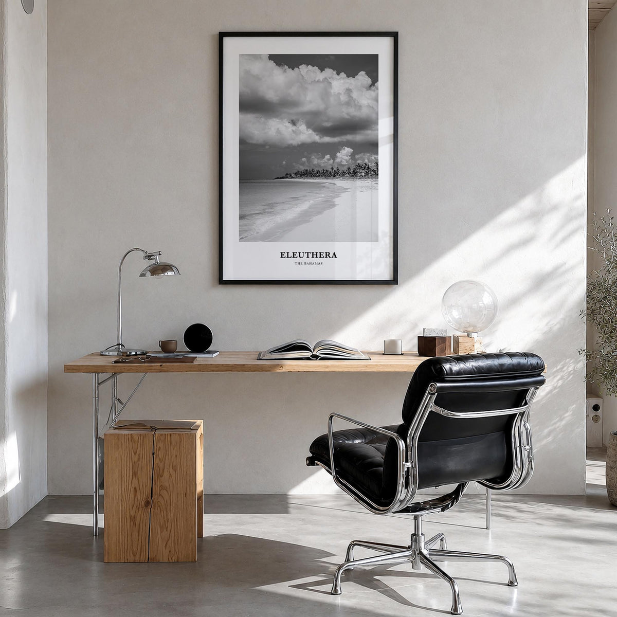 Eleuthera black & white classic poster of The Bahamas – vertical wall art in black wood frame, hanging on wall
