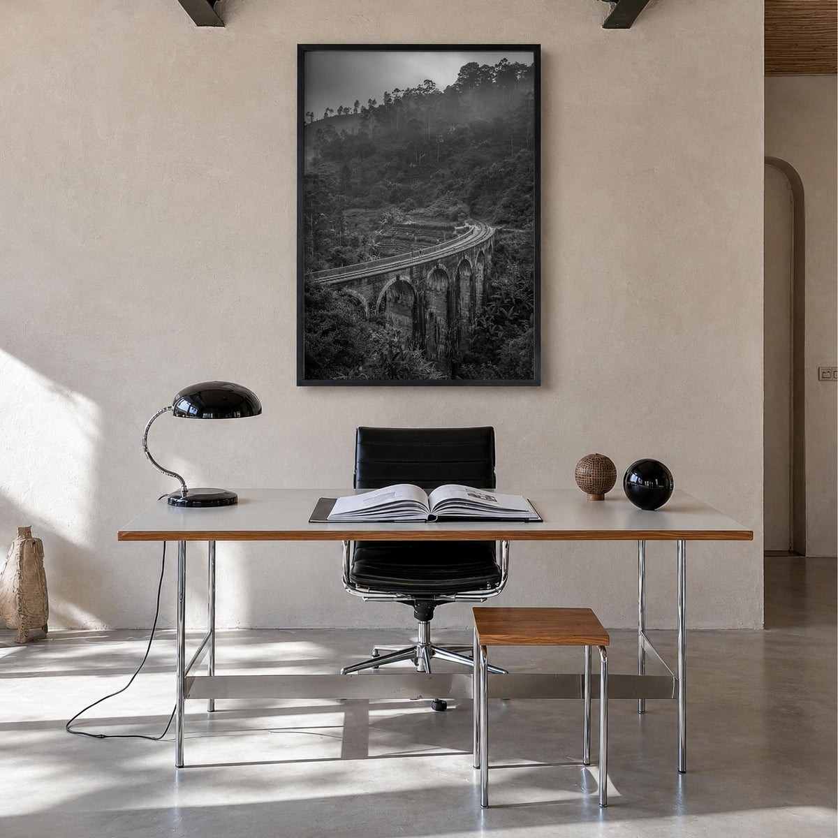 Ella Nine black & white photo poster of Sri Lanka – vertical wall art in black wood frame, hanging on wall