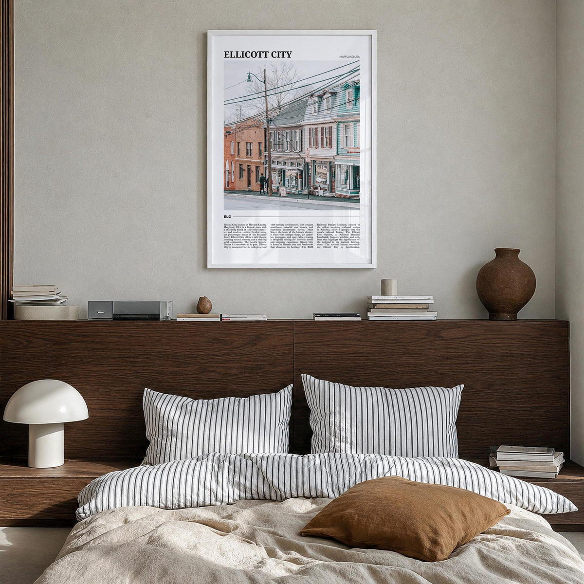 Ellicott City colorful travel poster of Maryland, USA – vertical wall art in white wood frame, hanging on wall