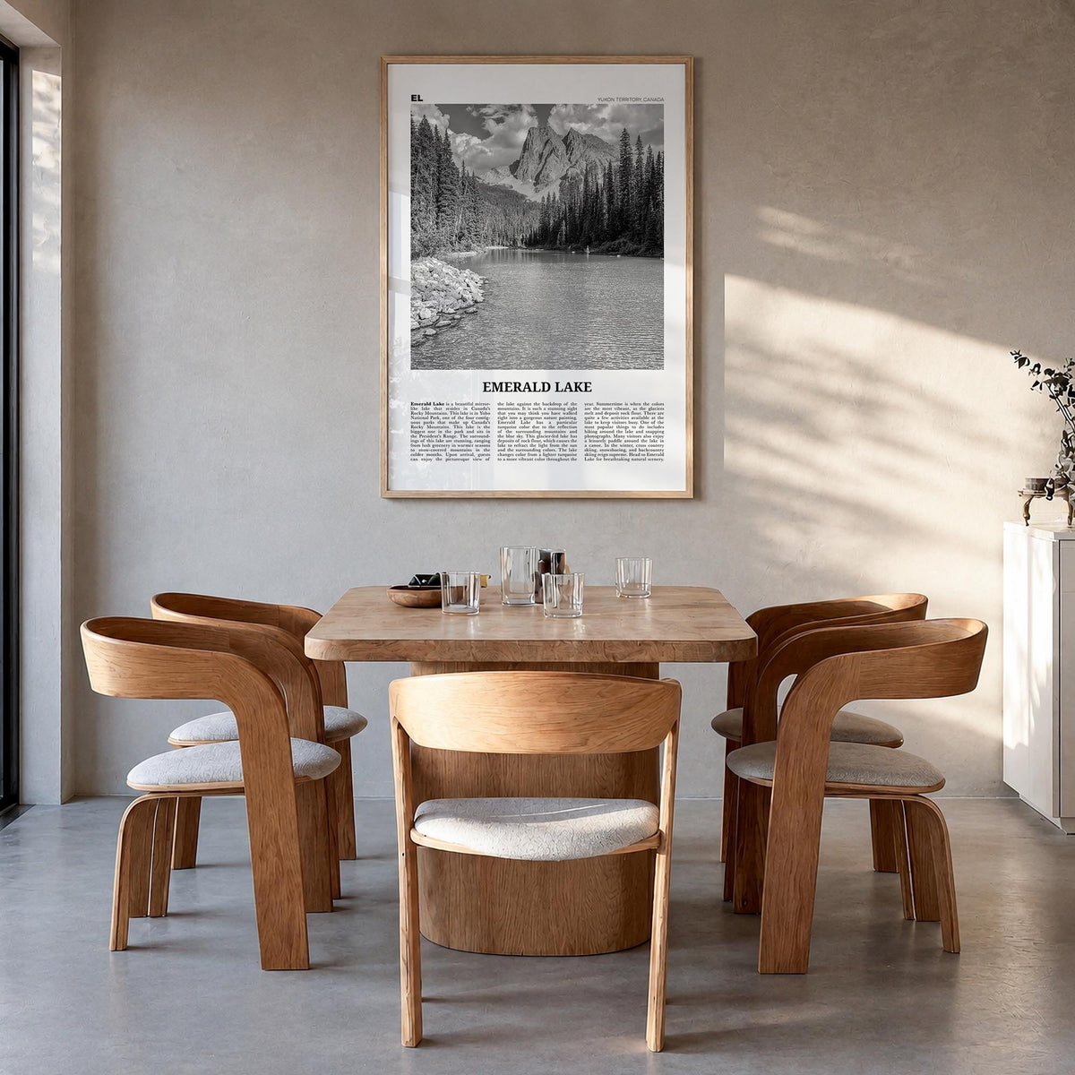 Emerald Lake black & white newspaper poster of Canada – vertical wall art in natural wood frame, hanging on wall