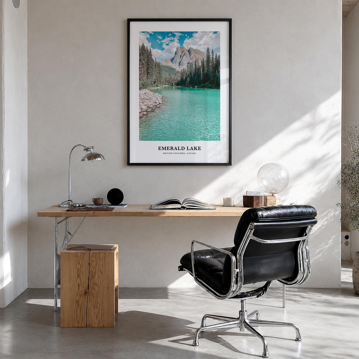 Emerald Lake colorful classic poster of Canada – vertical wall art in black wood frame, hanging on wall
