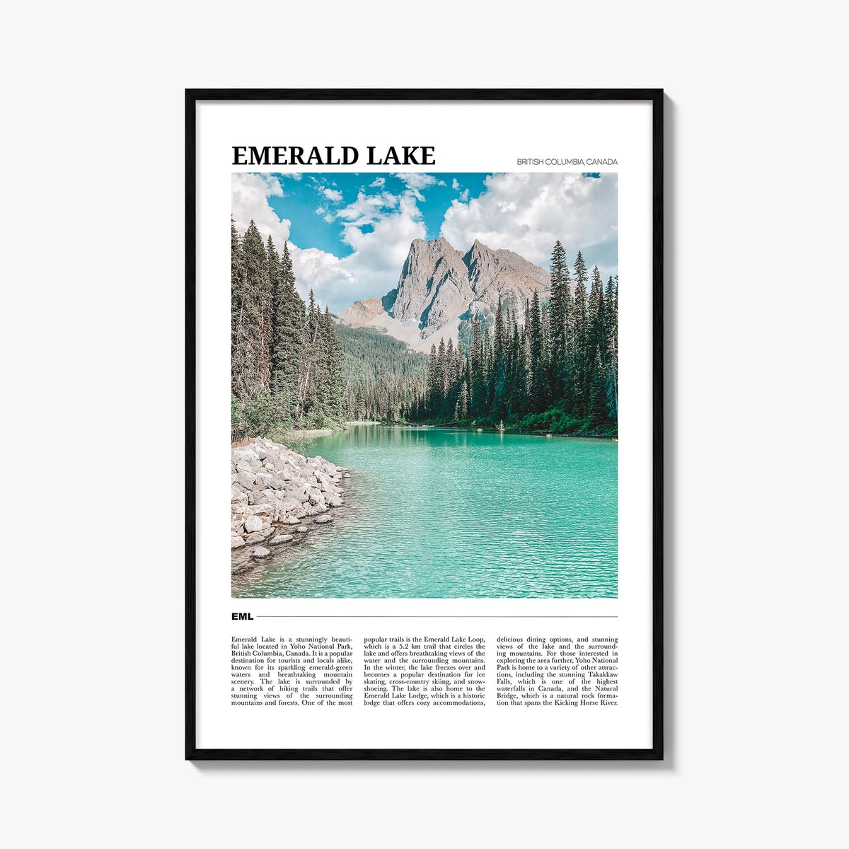 Emerald Lake colorful travel poster of Canada – vertical wall art, unframed print shown in interior mockup