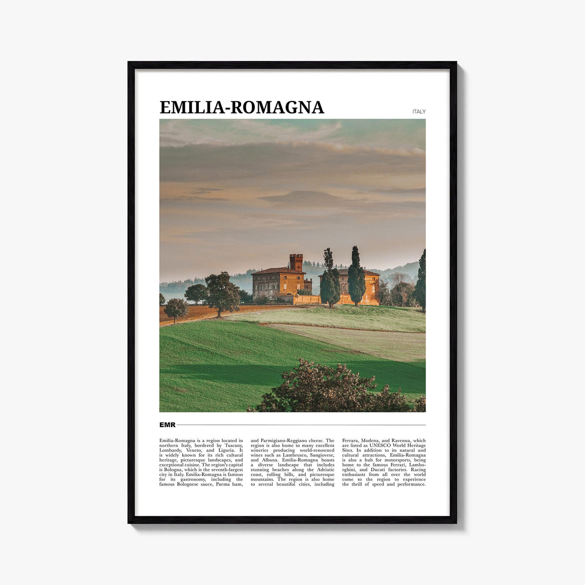 Emilia-Romagna colorful travel poster of Italy – vertical wall art, unframed print shown in interior mockup