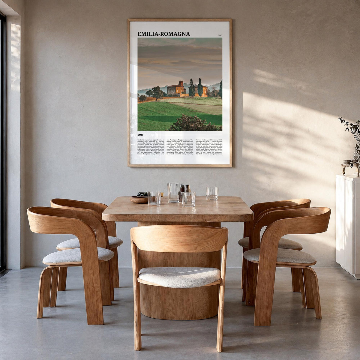 Emilia-Romagna colorful travel poster of Italy – vertical wall art in natural wood frame, hanging on wall