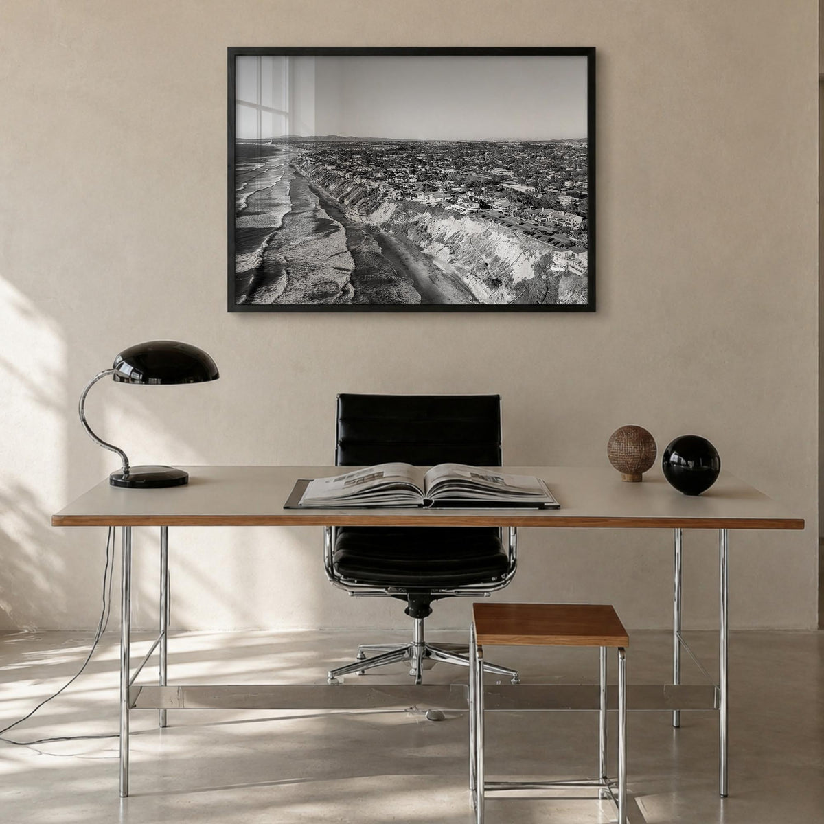 Encinitas black & white photo poster of California, USA – horizontal wall art in black wood frame, hanging on wall