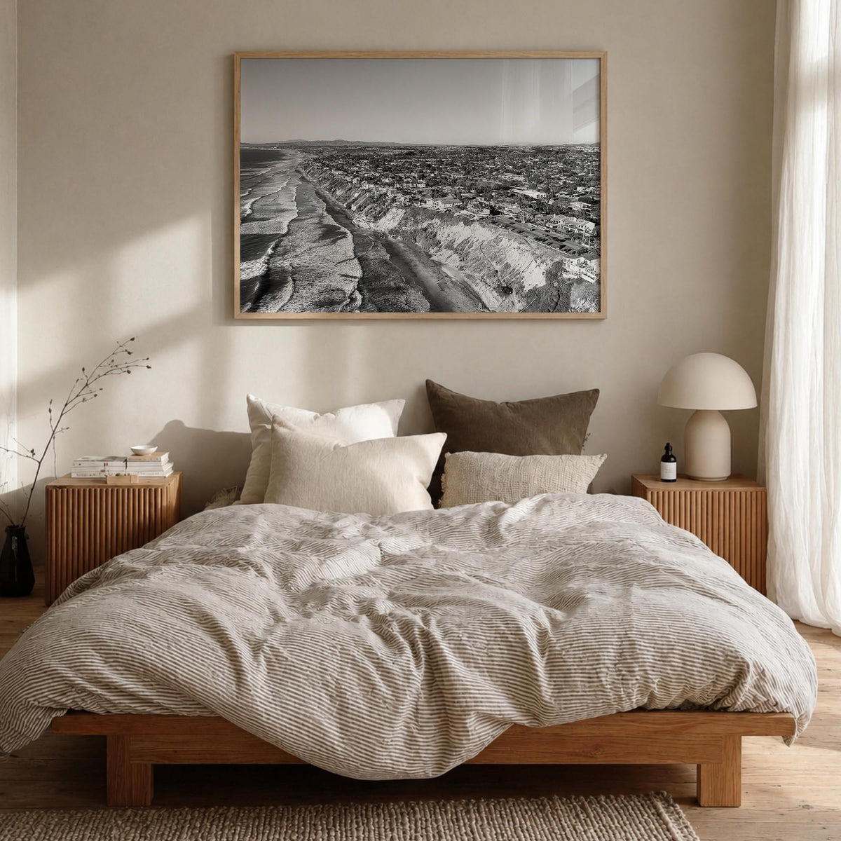 Encinitas black & white photo poster of California, USA – horizontal wall art in natural wood frame, hanging on wall