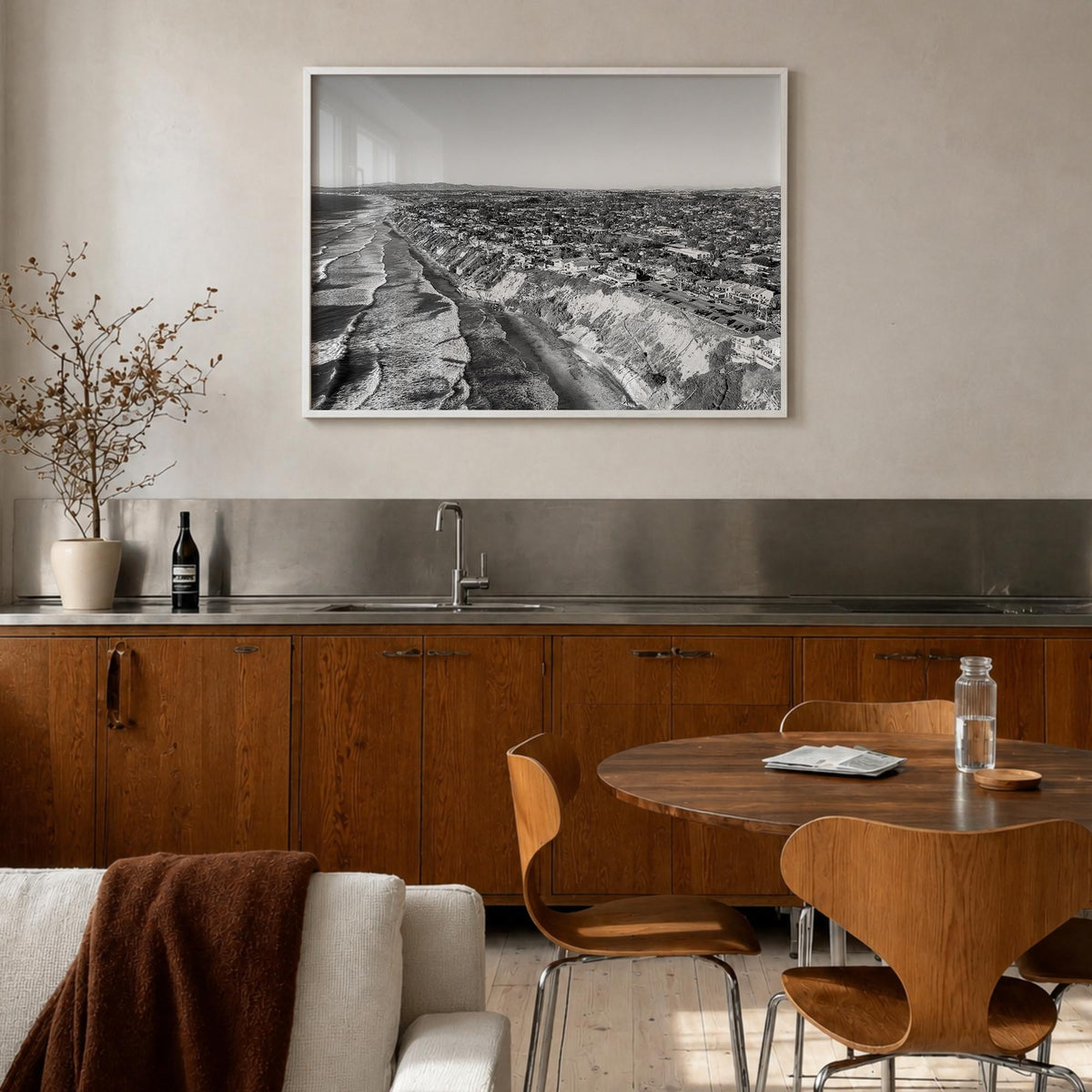 Encinitas black & white photo poster of California, USA – horizontal wall art in white wood frame, hanging on wall
