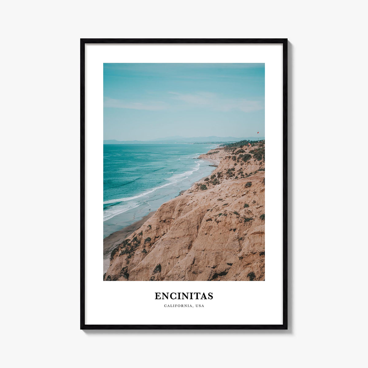 Encinitas colorful classic poster of California, USA – vertical wall art, unframed print shown in interior mockup