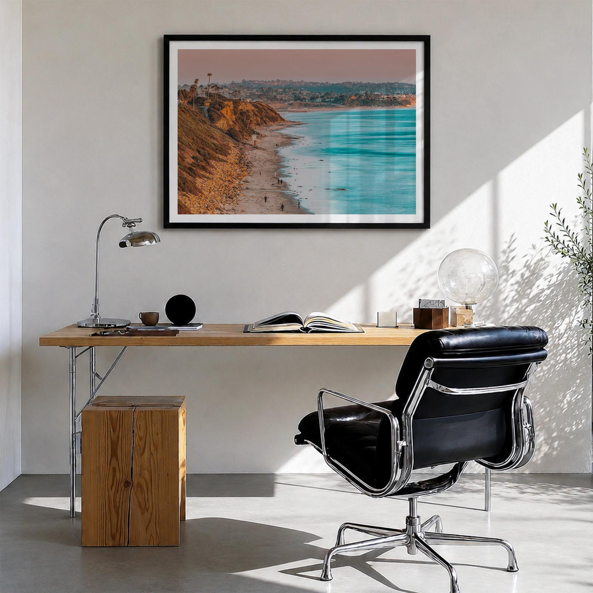 Encinitas colorful photo poster of California, USA – horizontal wall art in black wood frame with white border, hanging on wa