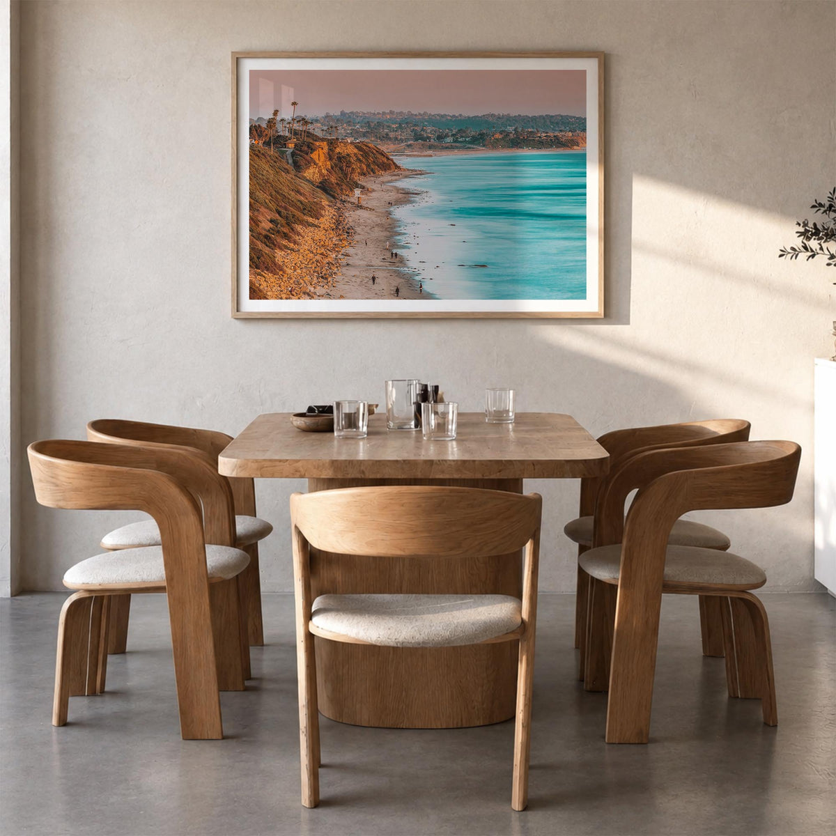 Encinitas colorful photo poster of California, USA – horizontal wall art in natural wood frame with white border, hanging on