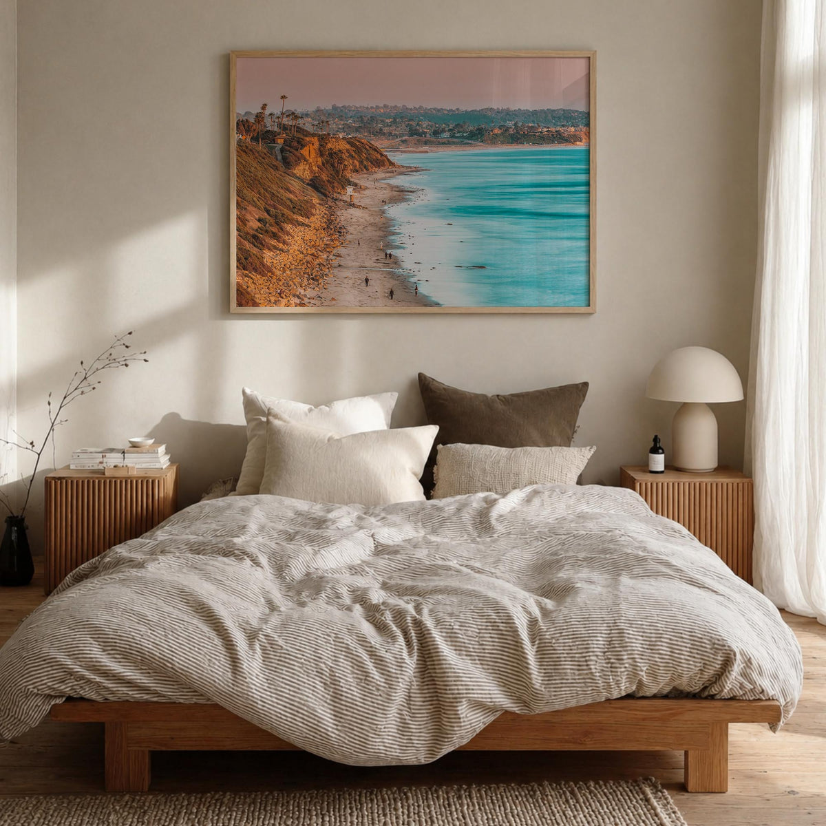 Encinitas colorful photo poster of California, USA – horizontal wall art in natural wood frame, hanging on wall