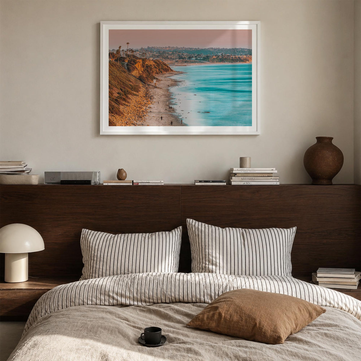 Encinitas colorful photo poster of California, USA – horizontal wall art in white wood frame with white border, hanging on wa