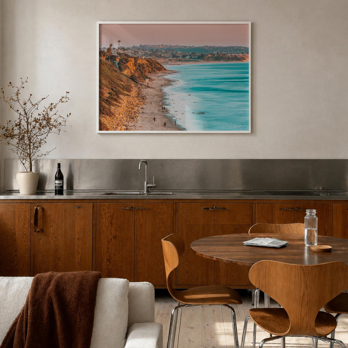 Encinitas colorful photo poster of California, USA – horizontal wall art in white wood frame, hanging on wall