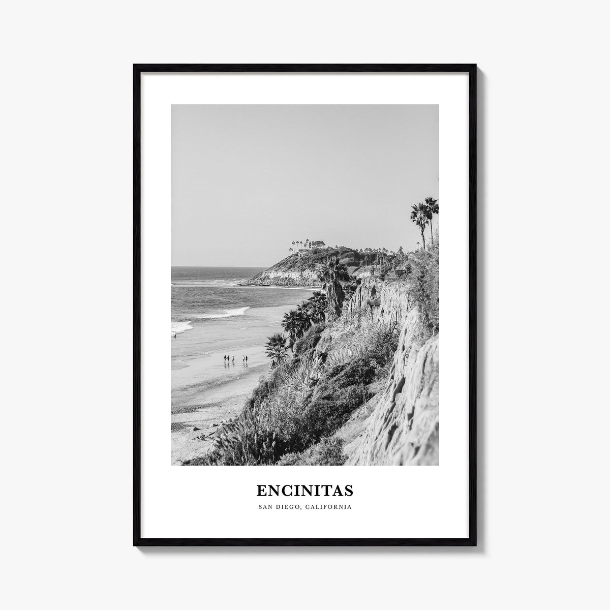 Encinitas no. 1 black & white classic poster of California, USA – vertical wall art, unframed print shown in interior mockup