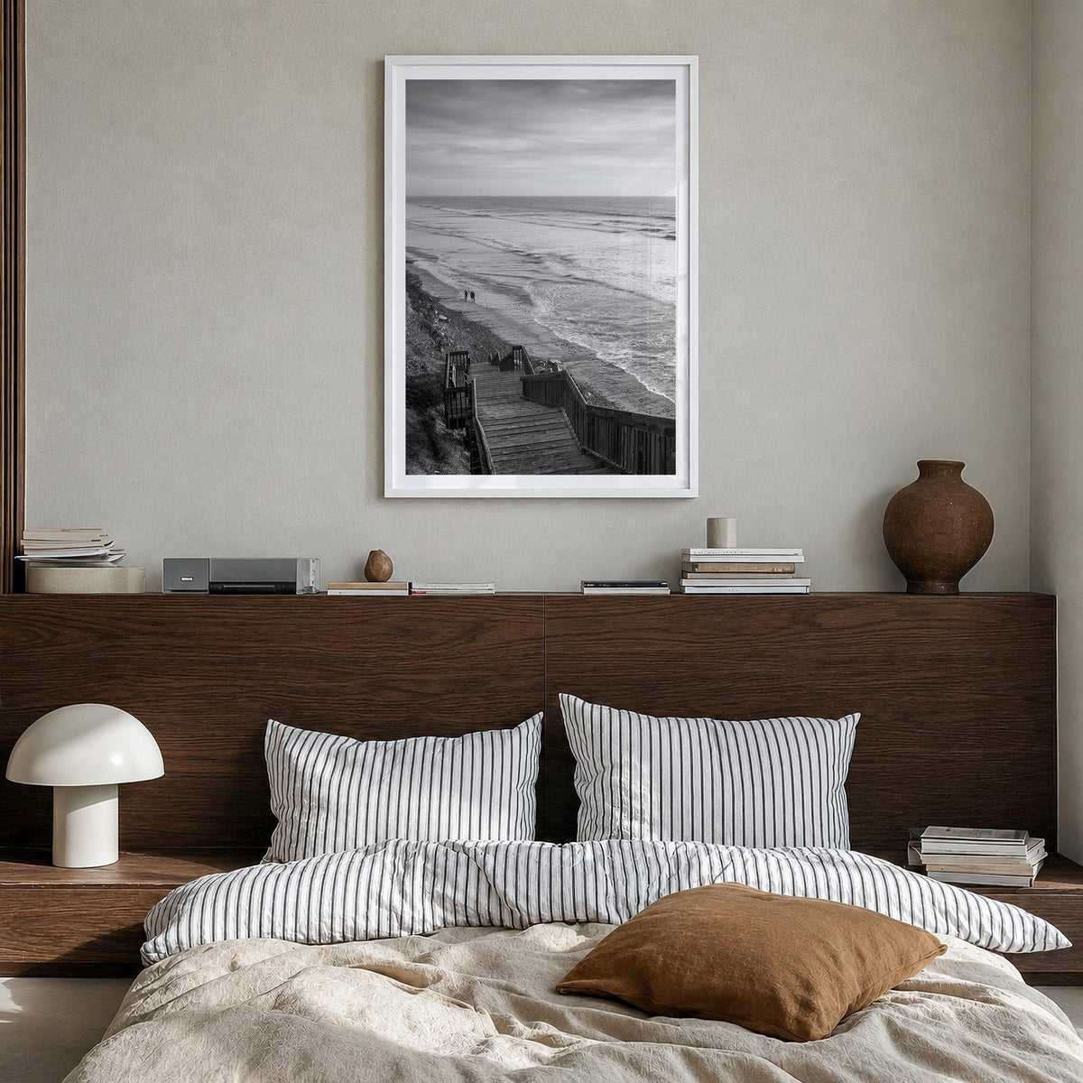 Encinitas no. 1 black & white photo poster of California, USA – vertical wall art in white wood frame with white border, hang