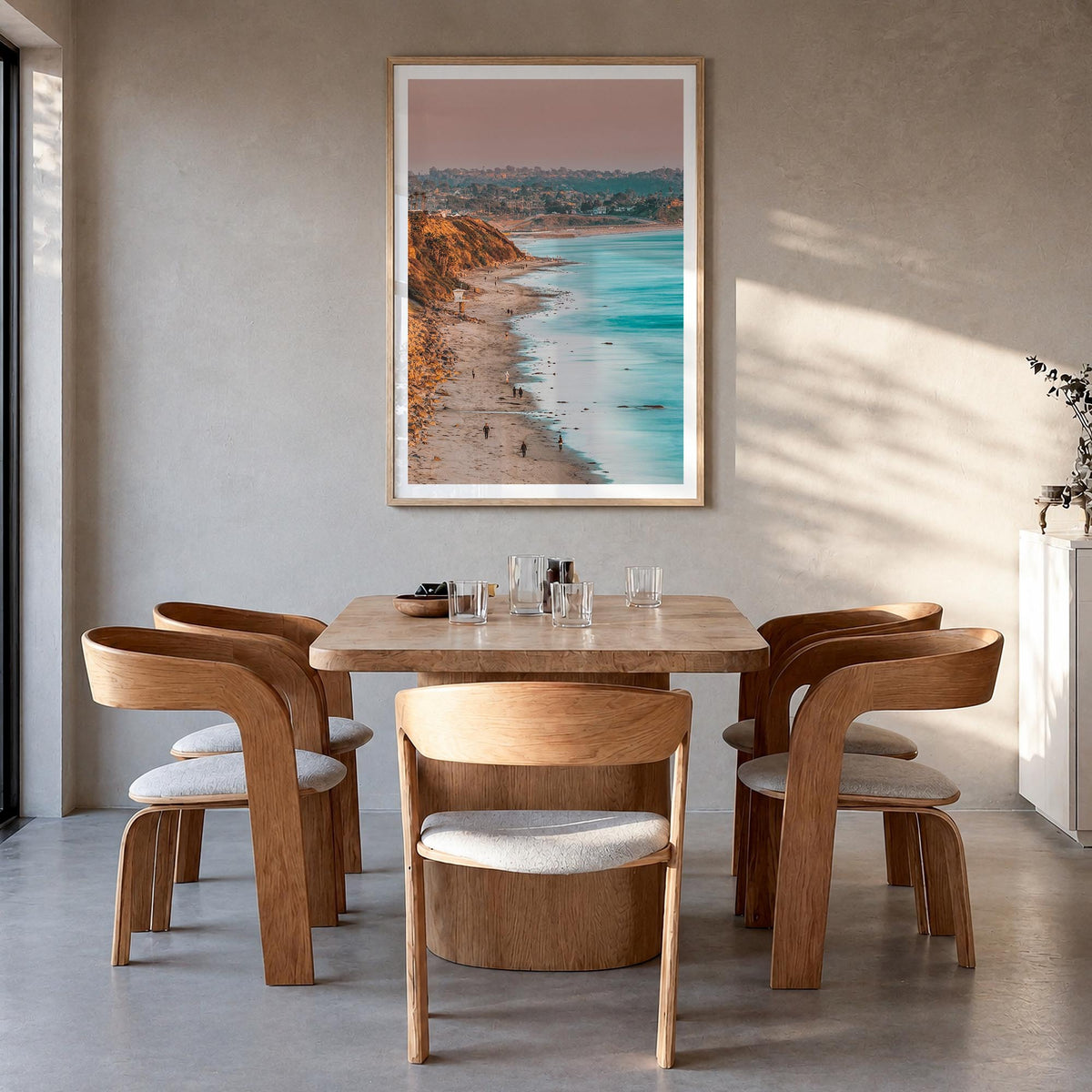 Encinitas no. 1 colorful photo poster of California, USA – vertical wall art in natural wood frame with white border, hanging