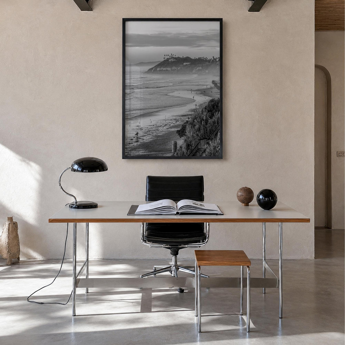 Encinitas no. 2 black & white photo poster of California, USA – vertical wall art in black wood frame, hanging on wall