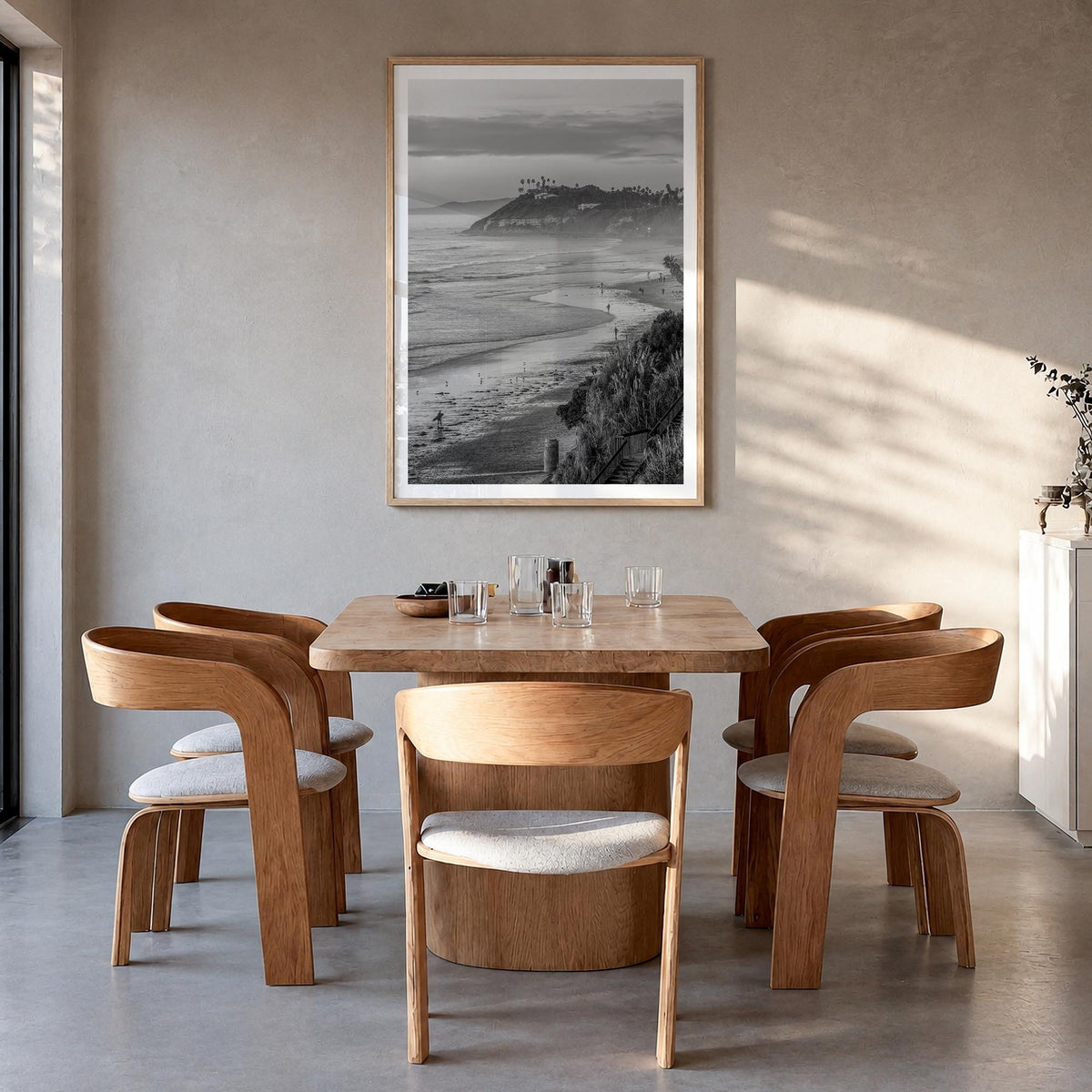 Encinitas no. 2 black & white photo poster of California, USA – vertical wall art in natural wood frame with white border, ha