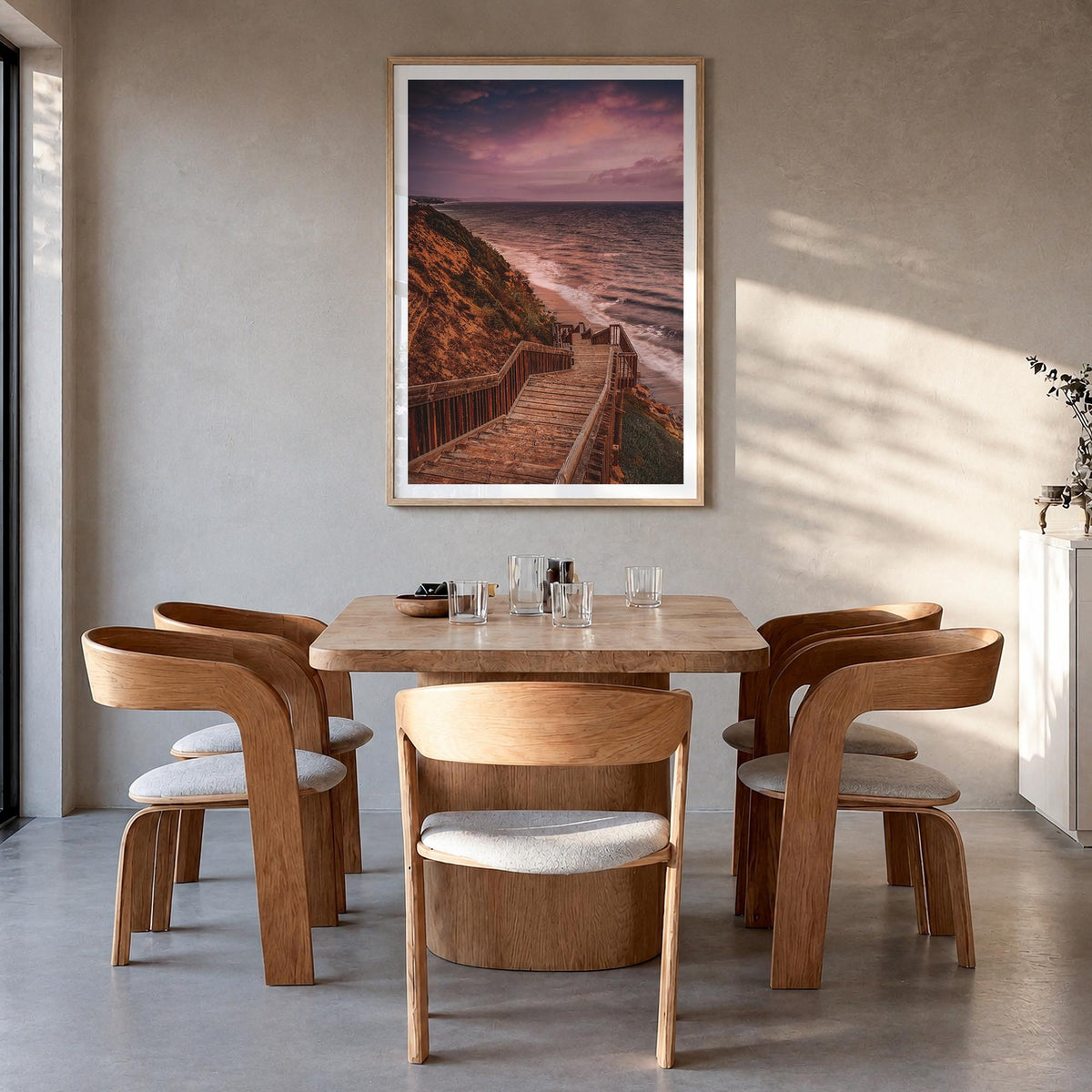 Encinitas no. 2 colorful photo poster of California, USA – vertical wall art in natural wood frame with white border, hanging