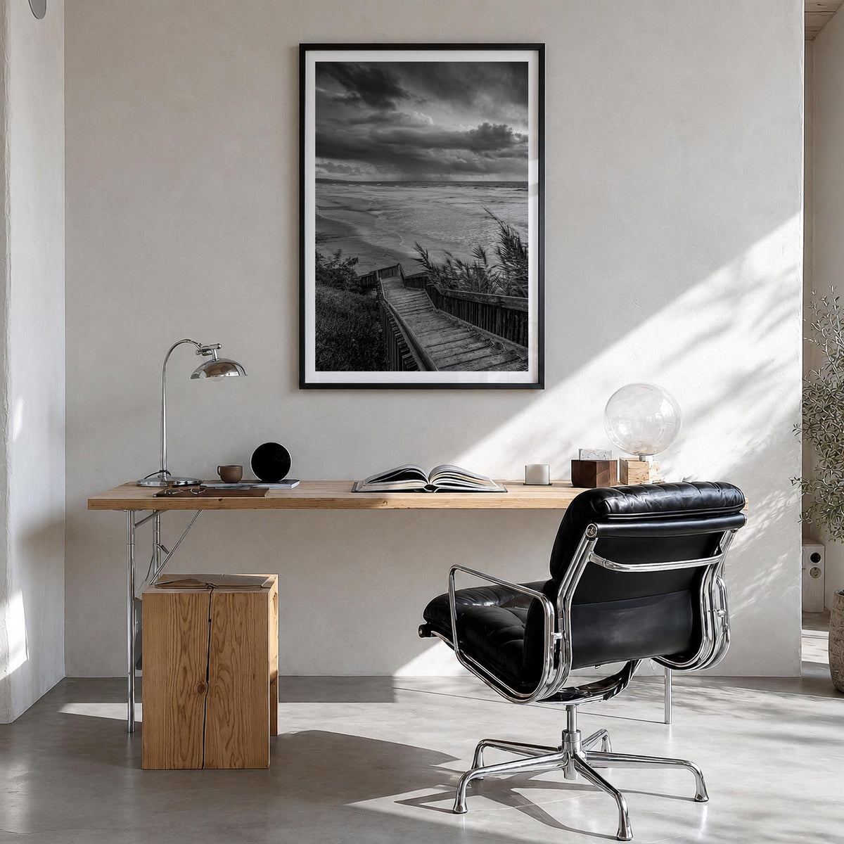 Encinitas no. 3 black & white photo poster of California, USA – vertical wall art in black wood frame with white border, hang