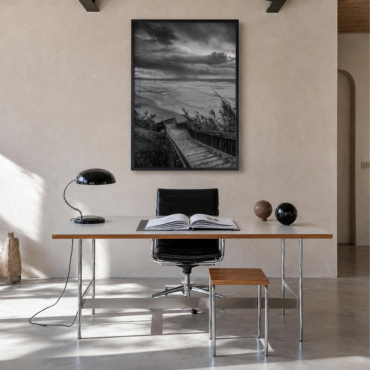 Encinitas no. 3 black & white photo poster of California, USA – vertical wall art in black wood frame, hanging on wall