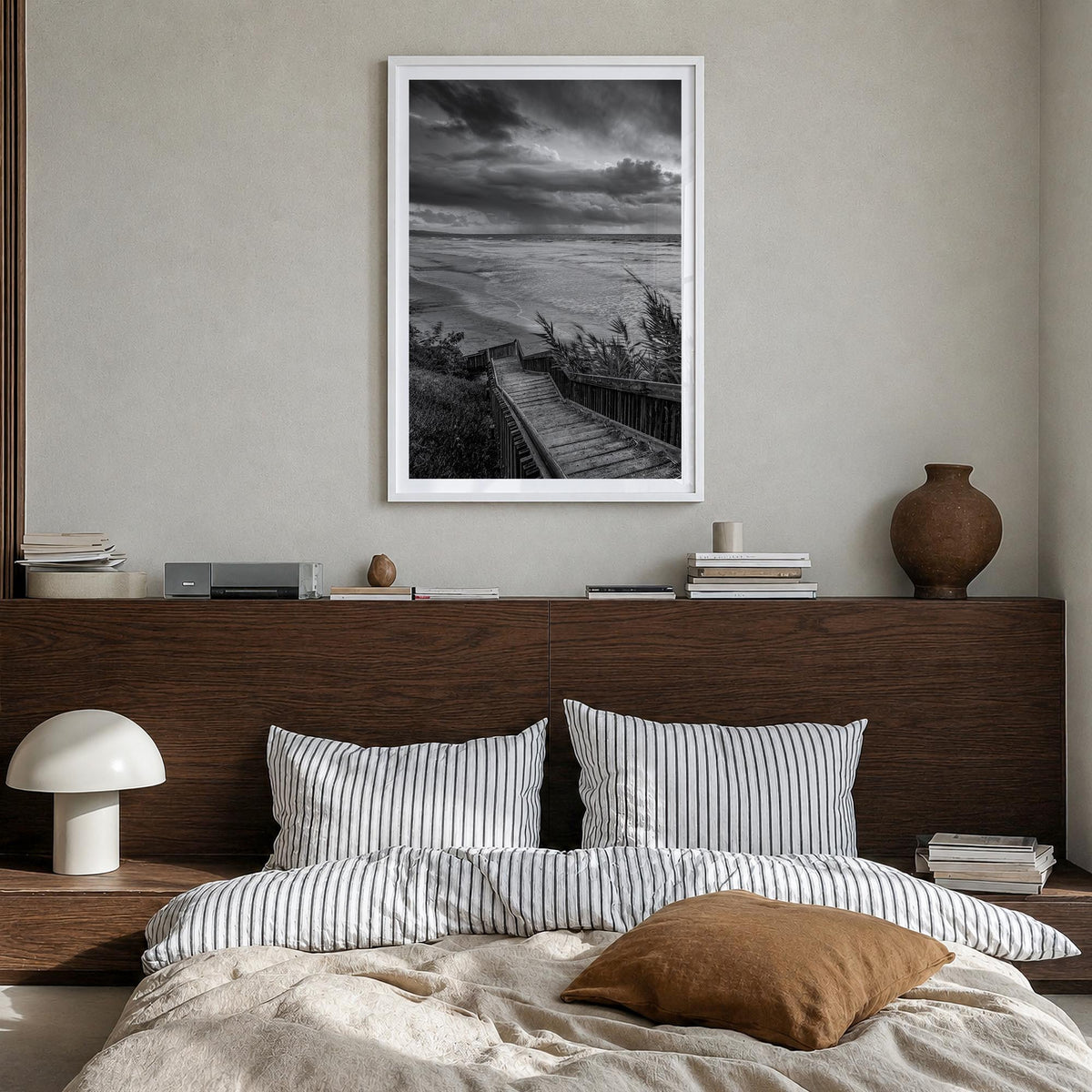 Encinitas no. 3 black & white photo poster of California, USA – vertical wall art in white wood frame with white border, hang