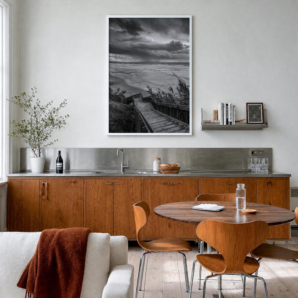 Encinitas no. 3 black & white photo poster of California, USA – vertical wall art in white wood frame, hanging on wall