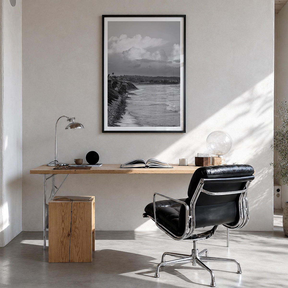 Encinitas no. 4 black & white photo poster of California, USA – vertical wall art in black wood frame with white border, hang