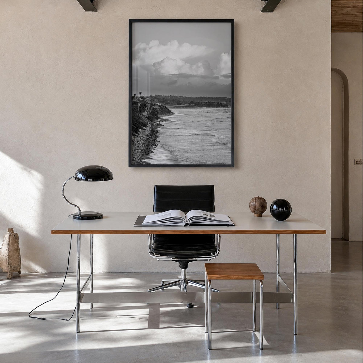 Encinitas no. 4 black & white photo poster of California, USA – vertical wall art in black wood frame, hanging on wall